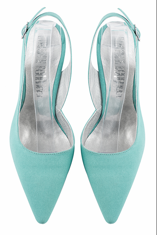 Aquamarine blue women's slingback shoes. Pointed toe. Very high slim heel. Top view - Florence KOOIJMAN